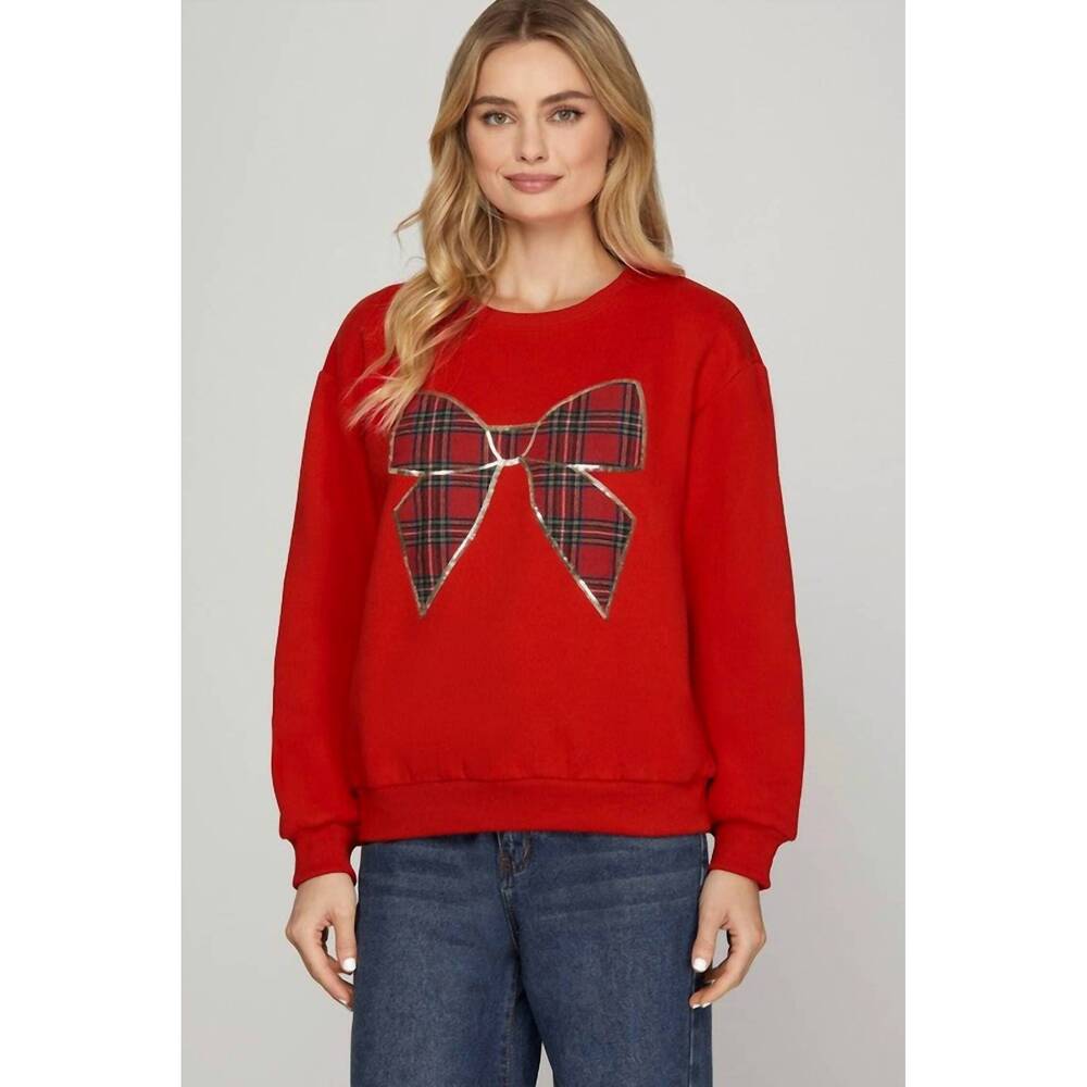 NEW STYLE U christmas plaid bow knit top in red